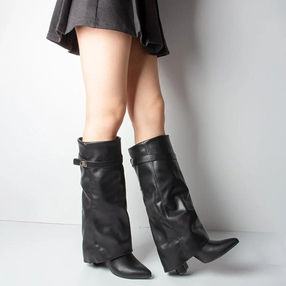 Women's Black Knee High  Fold Over  Wide Calf Pointed Toe  Chunky Heel Boot